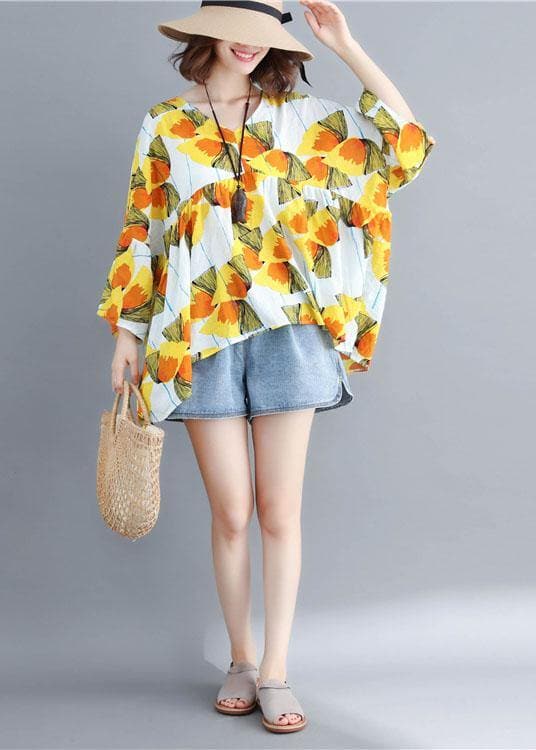 Women o neck patchwork cotton shirts yellow print top LTP200425