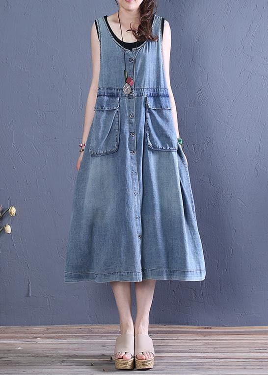 Women o neck pockets Cotton summer Tunics Tutorials denim blue Dresses SDL200528