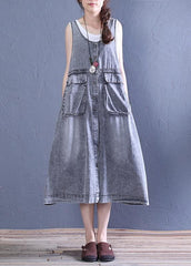 Women o neck pockets Cotton summer Tunics Tutorials denim blue Dresses SDL200528