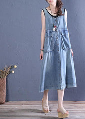 Women o neck pockets Cotton summer Tunics Tutorials denim blue Dresses SDL200528