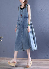 Women o neck pockets Cotton summer Tunics Tutorials denim blue Dresses SDL200528