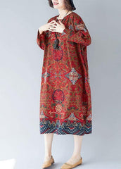 Women o neck pockets linen Robes Inspiration red print Dress FDL200425