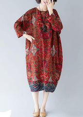 Women o neck pockets linen Robes Inspiration red print Dress FDL200425