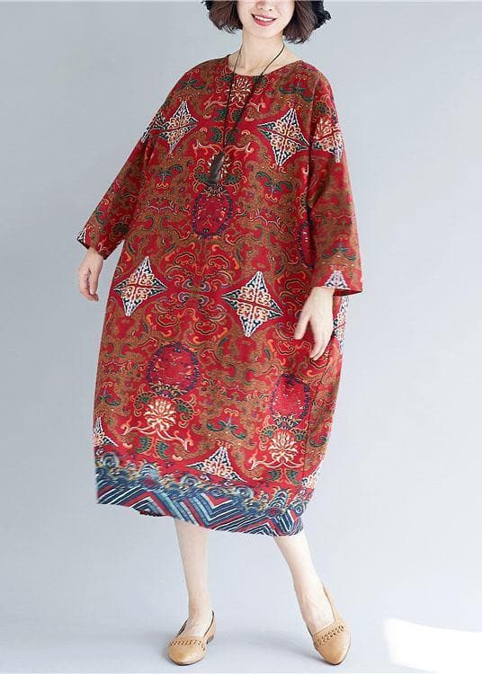 Women o neck pockets linen Robes Inspiration red print Dress FDL200425