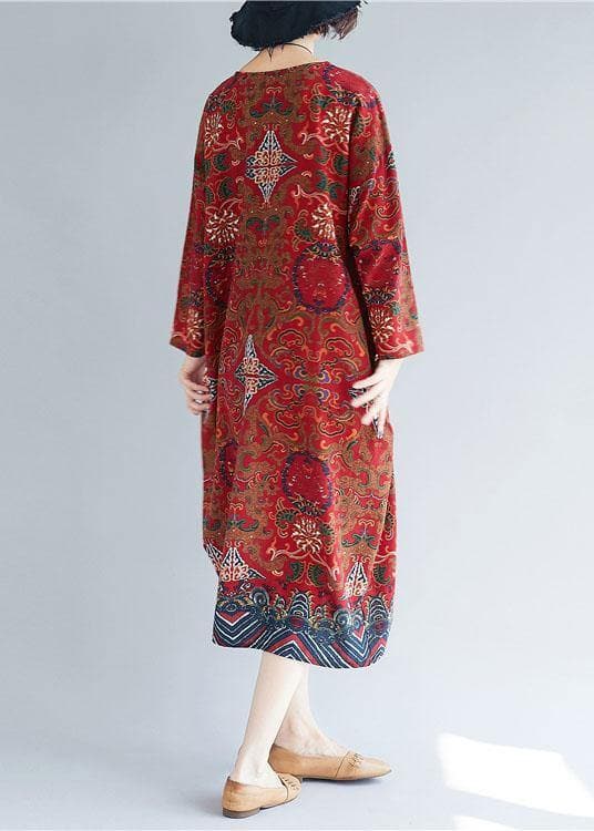 Women o neck pockets linen Robes Inspiration red print Dress FDL200425