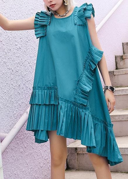 Women o neck Cinched Cotton Wardrobes blue green Dresses AT-SDM200508