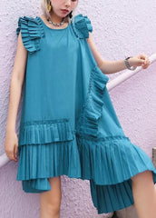 Women o neck Cinched Cotton Wardrobes blue green Dresses AT-SDM200508