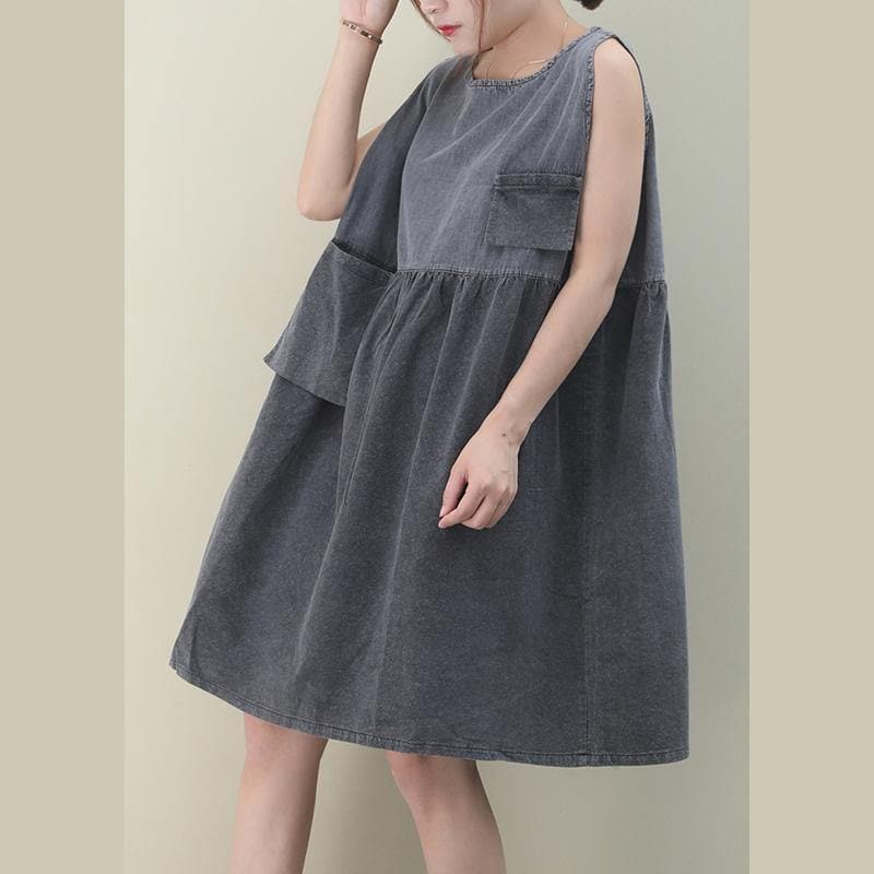 Women o neck Cinched Cotton dresses Fabrics denim gray Dresses WG-SDM200601