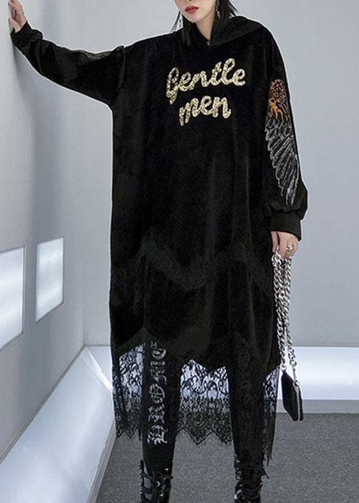 Women patchwork lace alphabet pattern Catwalk black hooded Maxi Dress AT-FDL191231