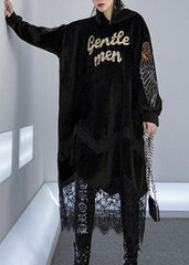 Women patchwork lace alphabet pattern Catwalk black hooded Maxi Dress AT-FDL191231