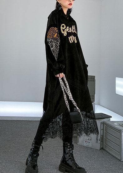 Women patchwork lace alphabet pattern Catwalk black hooded Maxi Dress AT-FDL191231