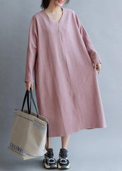 Women pink linen cotton outfit v neck Traveling fall Dresses FDL191011