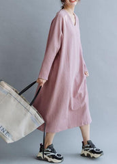 Women pink linen cotton outfit v neck Traveling fall Dresses FDL191011