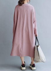 Women pink linen cotton outfit v neck Traveling fall Dresses FDL191011