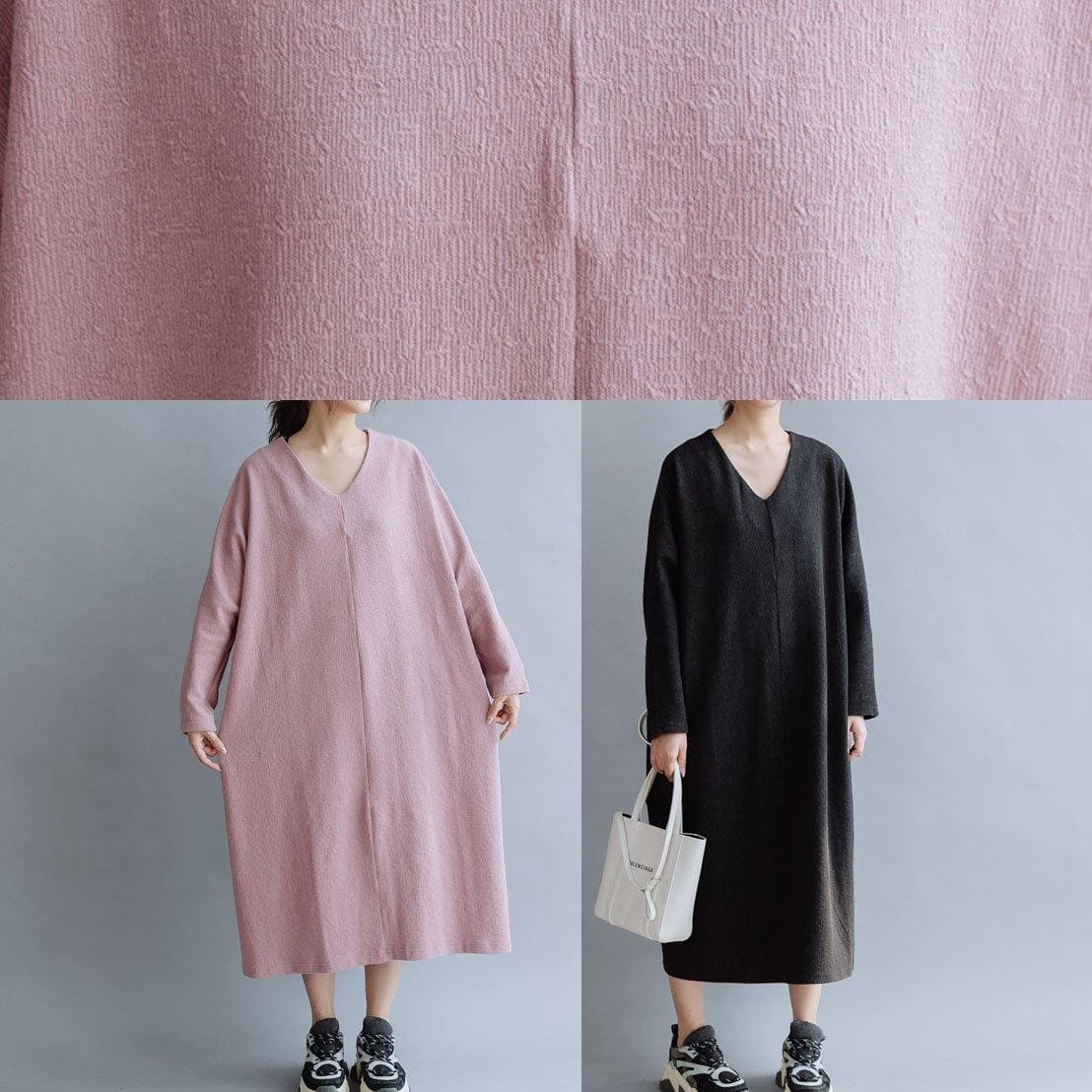 Women pink linen cotton outfit v neck Traveling fall Dresses FDL191011