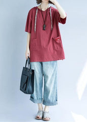 Women red cotton tunic top hooded pockets Dresses summer top STP200409