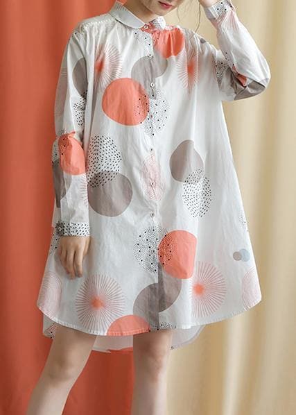 Women red dotted Cotton tunic pattern lapel asymmetric baggy fall Dresses FDM190827