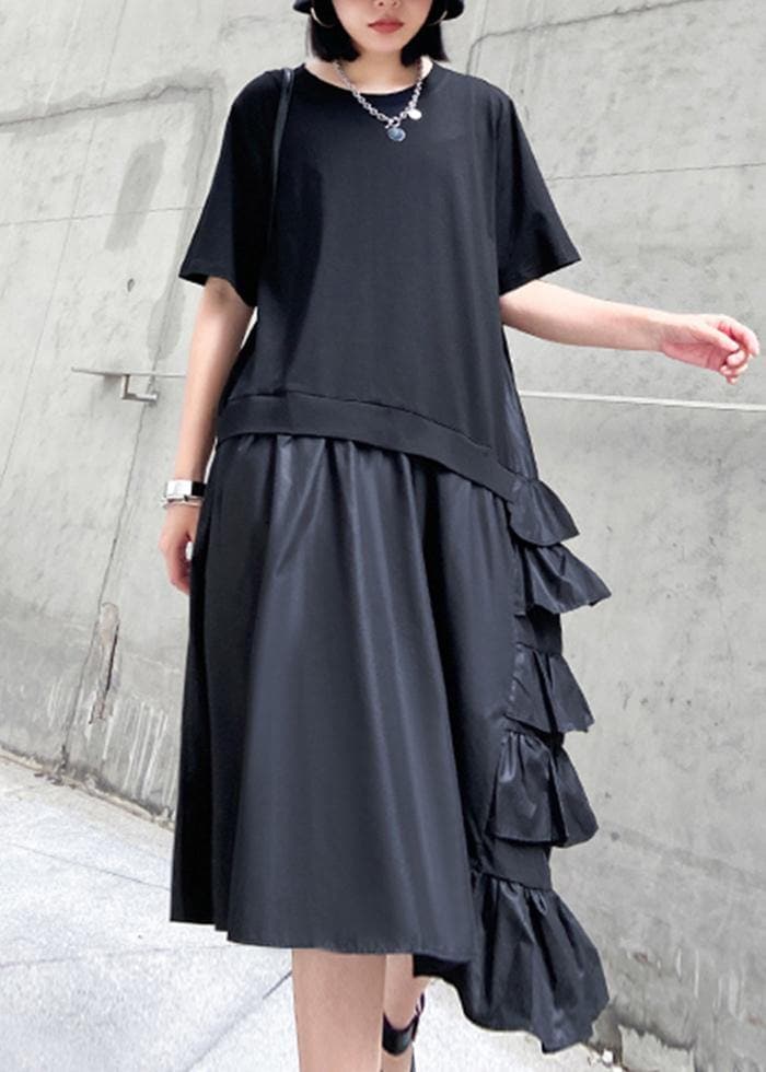 Women ruffles cotton summer outfit Work black patchwork cotton Dresses AT-SDM200617