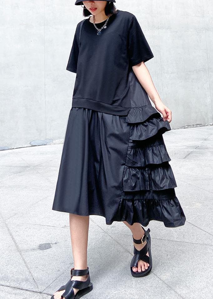 Women ruffles cotton summer outfit Work black patchwork cotton Dresses AT-SDM200617