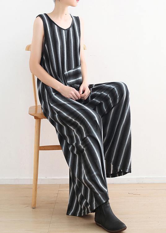 Women sleeveless big pockets cotton quilting pants Sleeveless black striped Plus Size jumpsuit pants summer dylinoshop