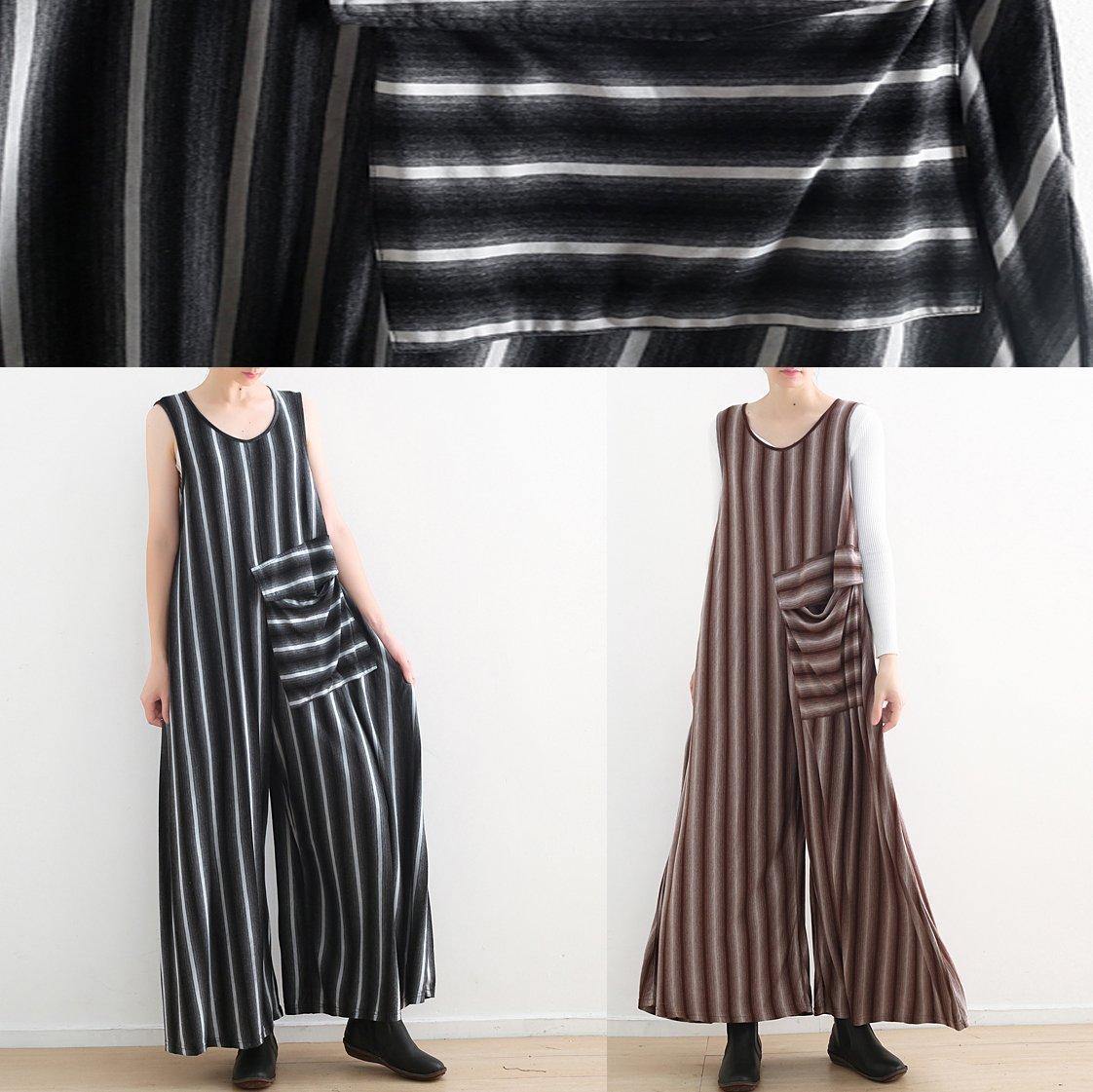 Women sleeveless big pockets cotton quilting pants Sleeveless black striped Plus Size jumpsuit pants summer dylinoshop