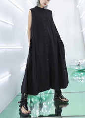 Women stand collar pockets cotton summer dresses Sewing black long Dresses AT-SDL200623