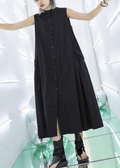 Women stand collar pockets cotton summer dresses Sewing black long Dresses AT-SDL200623