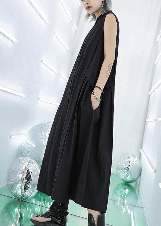 Women stand collar pockets cotton summer dresses Sewing black long Dresses AT-SDL200623