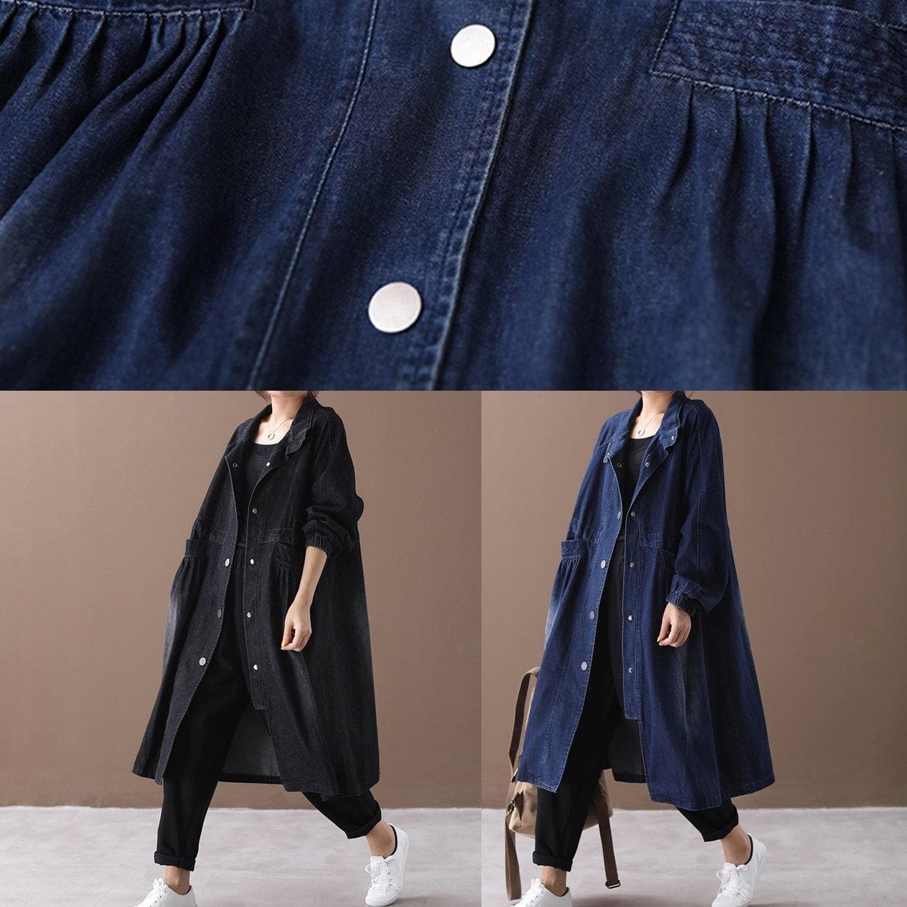 Women stand collar Cinched Fashion coat denim black loose outwears WG-TCT191018