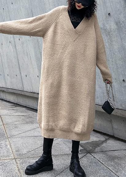 Women v neck Sweater dress outfit Largo khaki tunic sweater dress AT-NSD191113