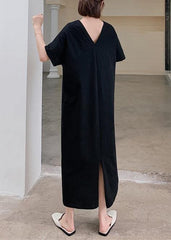 Women v neck back side open summer quilting clothes Tutorials black Kaftan Dress AT-SDL200707