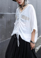 Women v neck drawstring cotton shirts Work black top summer AT-HTP190614