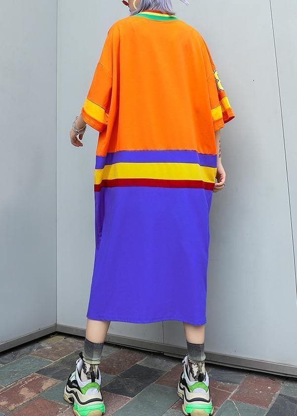 Women v neck half sleeve cotton clothes Inspiration orange blue patchwork Plus Size Dress summer AT-SDL190614