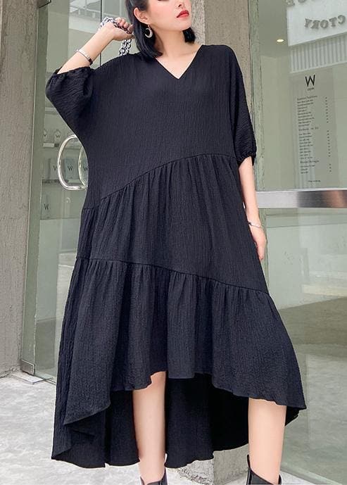 Women v neck low high design cotton summer black Kaftan Dress AT-SDM200617