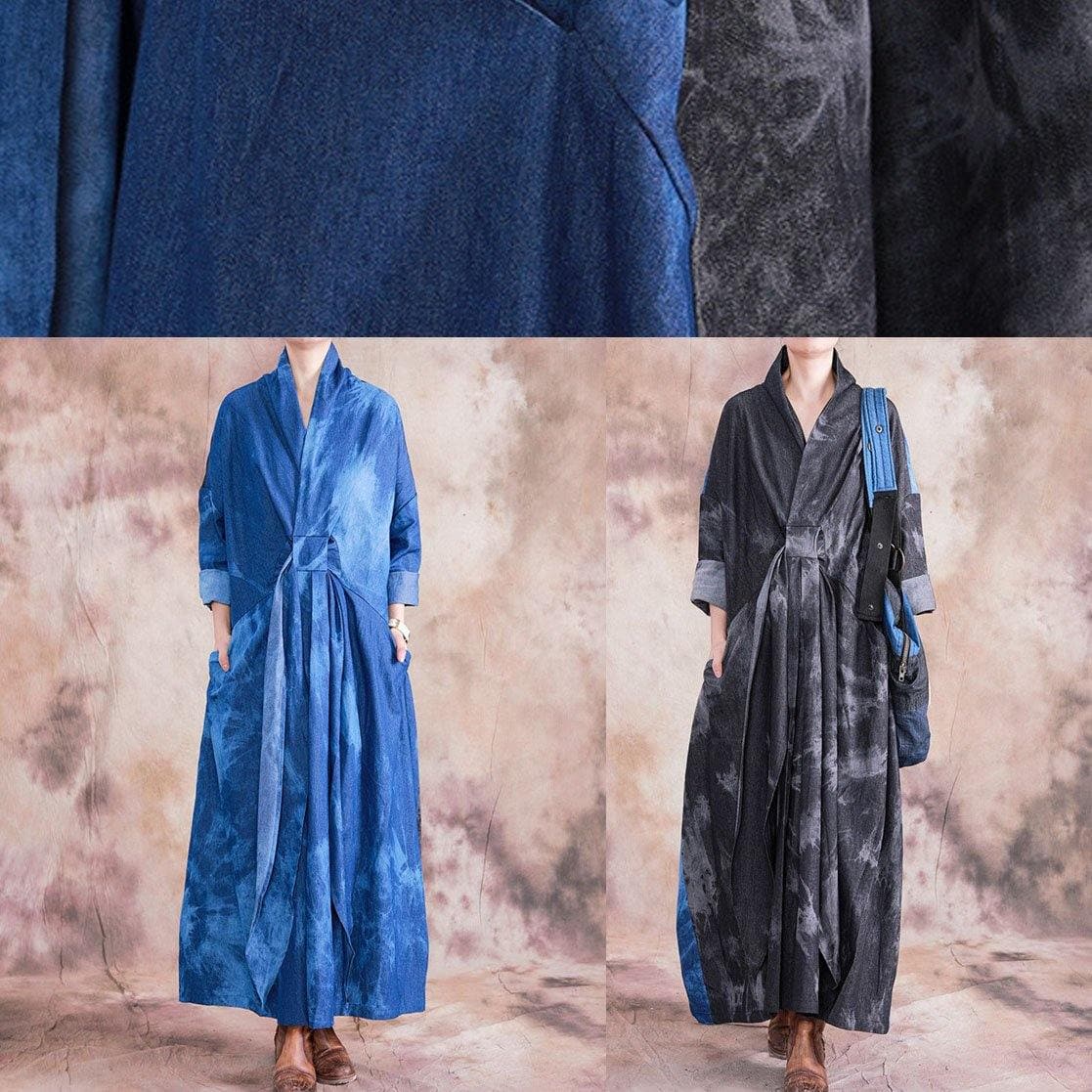 Women v neck tie waist cotton clothes denim blue A Line Dress fall FDL190910