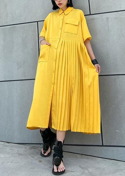 Women yellow cotton clothes Women lapel Cinched Kaftan summer Dress AT-SDL200508