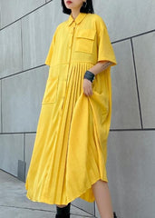 Women yellow cotton clothes Women lapel Cinched Kaftan summer Dress AT-SDL200508