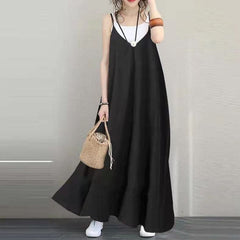 Women Blue Long Linen Dress Oversized Sleeveless Linen Gown Women V Neck Gown SDL180727