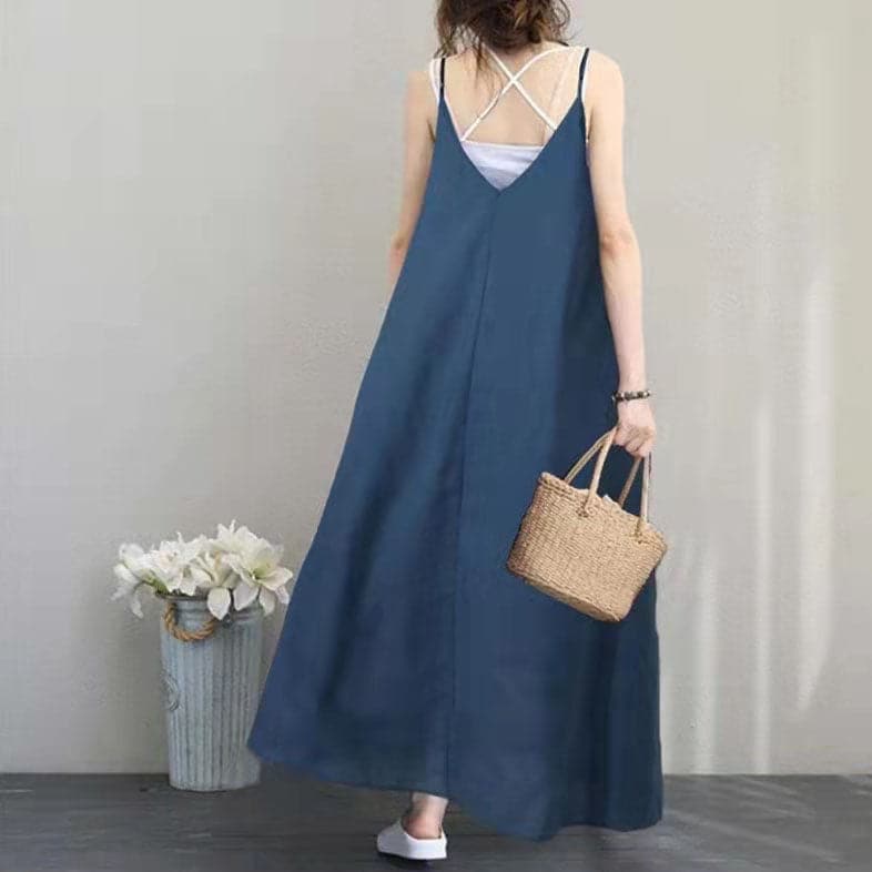 Women Blue Long Linen Dress Oversized Sleeveless Linen Gown Women V Neck Gown SDL180727