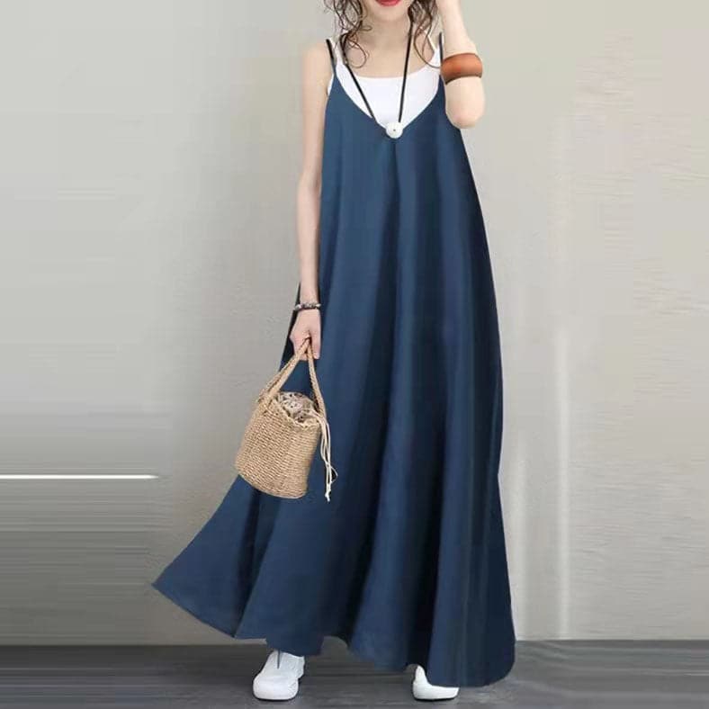 Women Blue Long Linen Dress Oversized Sleeveless Linen Gown Women V Neck Gown SDL180727