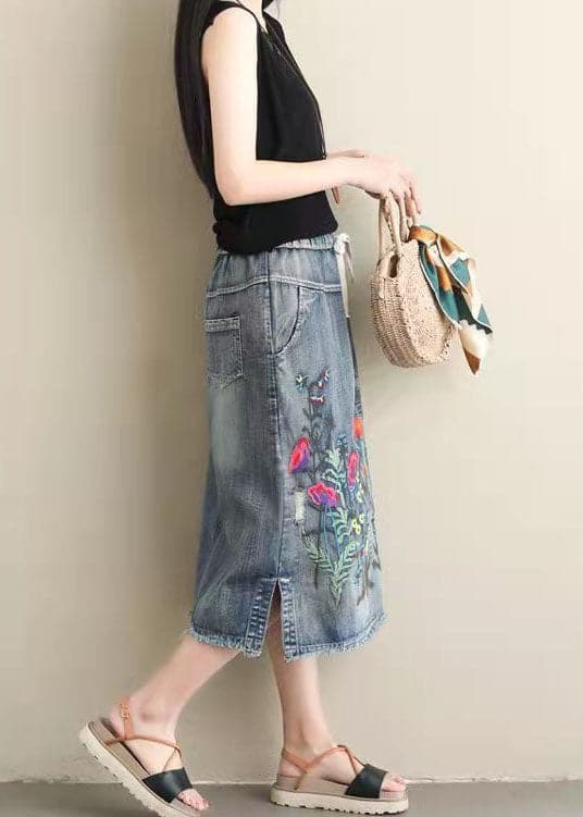 Women Light Blue Embroideried Pockets A-Line Summer Denim Skirts GK-SKTS210721