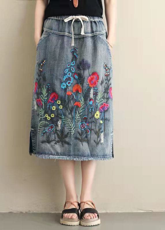 Women Light Blue Embroideried Pockets A-Line Summer Denim Skirts GK-SKTS210721