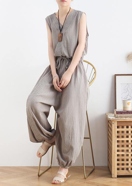 Women's 2021 spring and summer new drawstring waist gray jumpsuit wide-leg pants dylinoshop