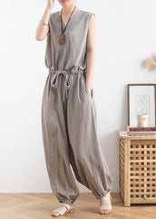 Women's 2021 spring and summer new drawstring waist gray jumpsuit wide-leg pants dylinoshop