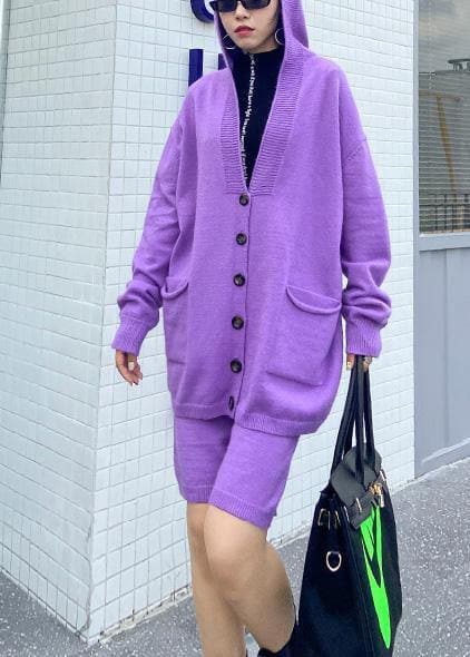 Women's autumn plus size fashion knitted cardigan shorts purple two-piece AT-NSD201022