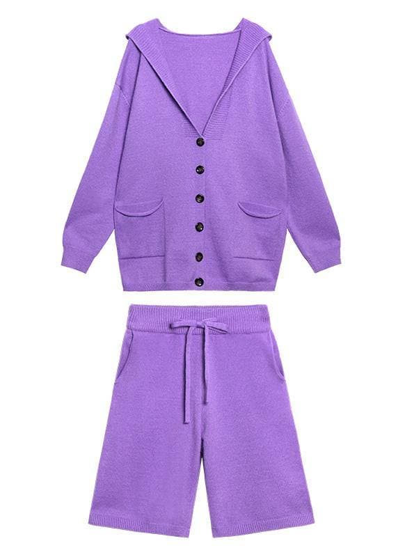 Women's autumn plus size fashion knitted cardigan shorts purple two-piece AT-NSD201022