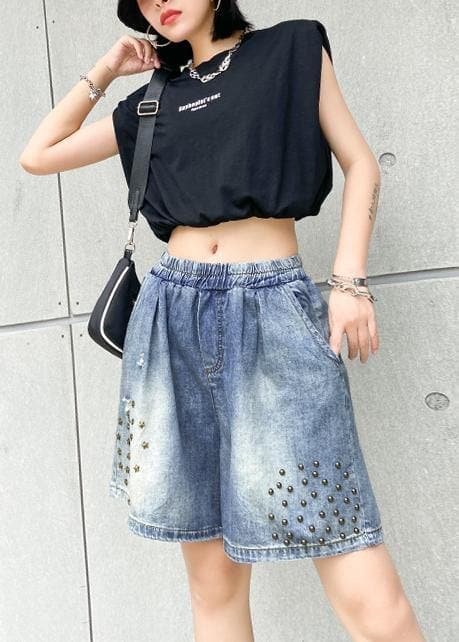 Women's loose straight denim blue shorts large size thin section rivet hole five-point pants AT-SPTS200623