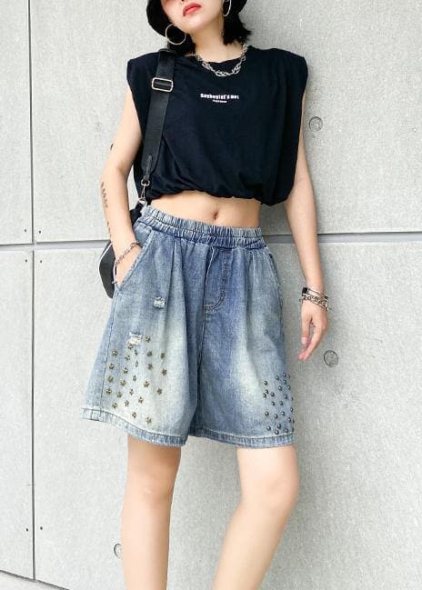 Women's loose straight denim blue shorts large size thin section rivet hole five-point pants AT-SPTS200623