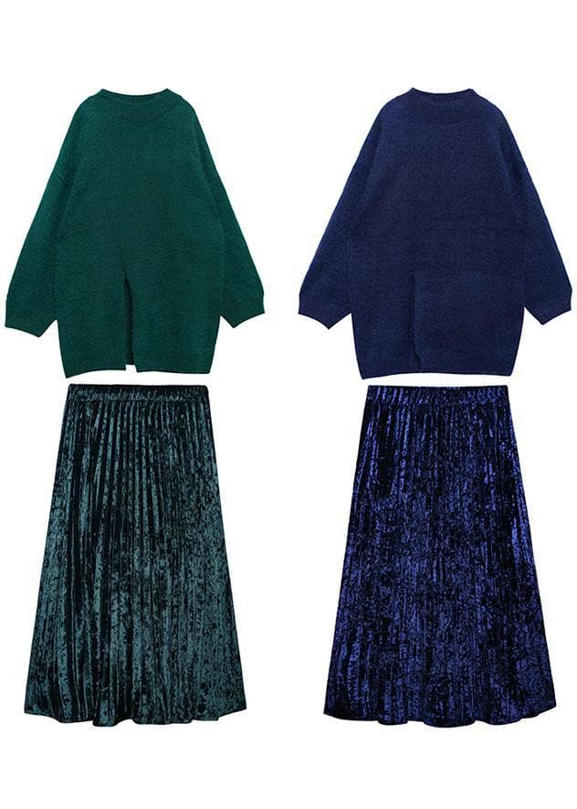 Women's spring plus size sweater mid-length velvet skirt pleated skirt two-piece AT-NTP191231