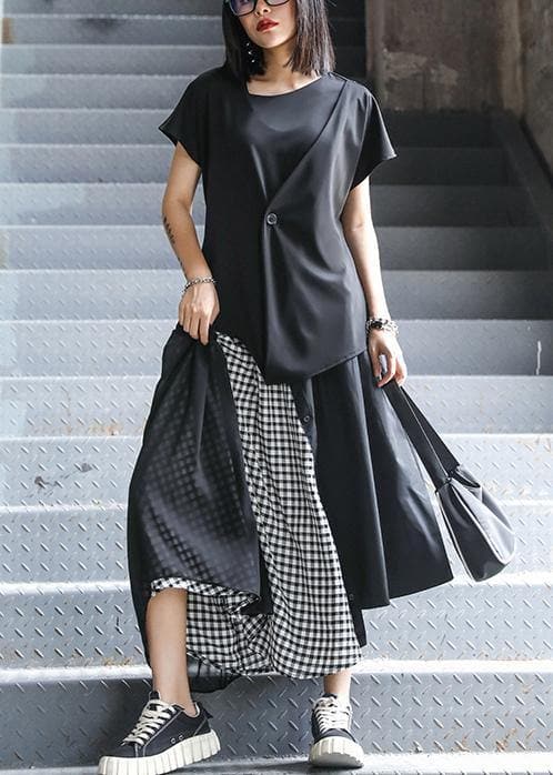 Women's summer mid-length a-line skirt high waist fashion black stitching chiffon plaid skirt AT-SKTS200723